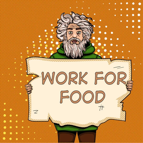 Homeless man with paper sign pop art style raster illustration. Comic book style imitation. Work for food