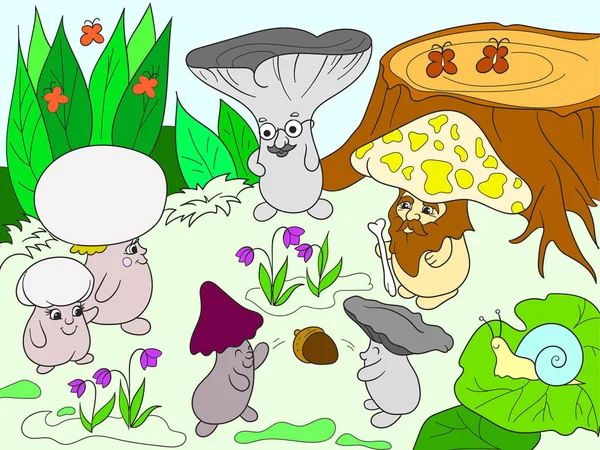 Сім'я грибів у лісовій кольоровій книзі для дітей мультяшна ілюстрація . — стокове фото