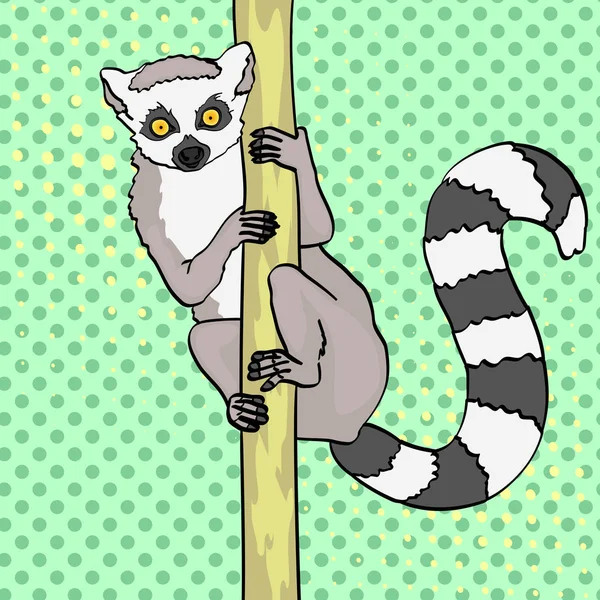 Lémur de cola anillada. Fondo de arte pop. Un animal gatos lemur en una rama de bambú, madera. Vector — Vector de stock