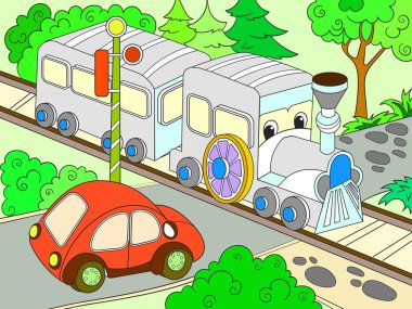 Tren ve araba için çocuklar renk raster illüstrasyon karikatür