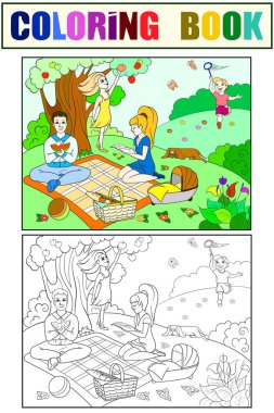 Piknik doğada raster çizgi film çocuklar için boyama kitabı. Renk, siyah ve beyaz