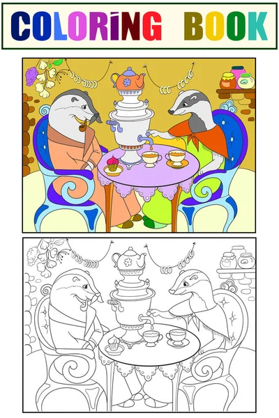 Familia de tejones en su casa en el libro para colorear cocina para niños ilustración de dibujos animados raster. Color, blanco y negro — Foto de Stock