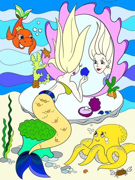 mermaid looks in the mirror color book for children cartoon raster illustration.