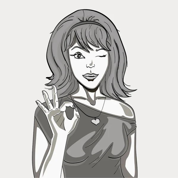 Une fille rétro montre une silhouette avec ses doigts. Symbole OK, bon, excellent. Crayon noir et blanc raster. Nuances de gris — Photo