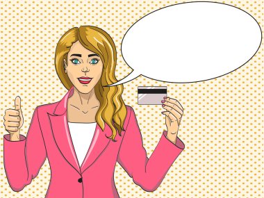 Reklam banka. Retro bir kız ve bir banka kartı tutan bir sınıfı gösterir. Tarzı çizgi roman. Kadın. Raster pop sanat