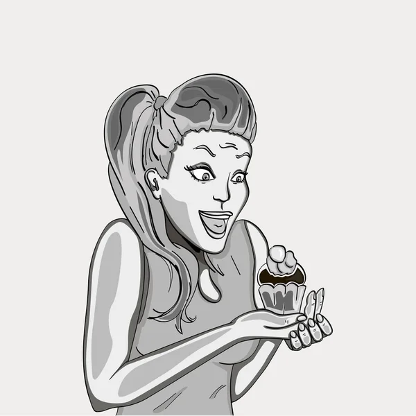 La chica retro está encantada con el pastel. Aguanta en las manos. Las emociones de una mujer. Raster. Tonos de gris — Foto de Stock