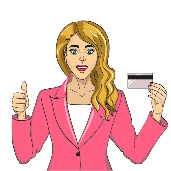 Young woman with bank card pop art retro raster. On white background. Comic book style imitation. object