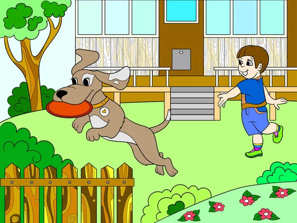 Spielen eines Jungen in der Natur mit einem Hund in Frisbee-Farbbuch für Kinder Cartoon-Raster. — Stockfoto