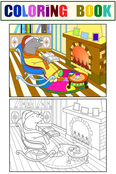 Grandpa Mole in his own house in the library dozens of coloring book for children cartoon raster illustration. Color, Black and white