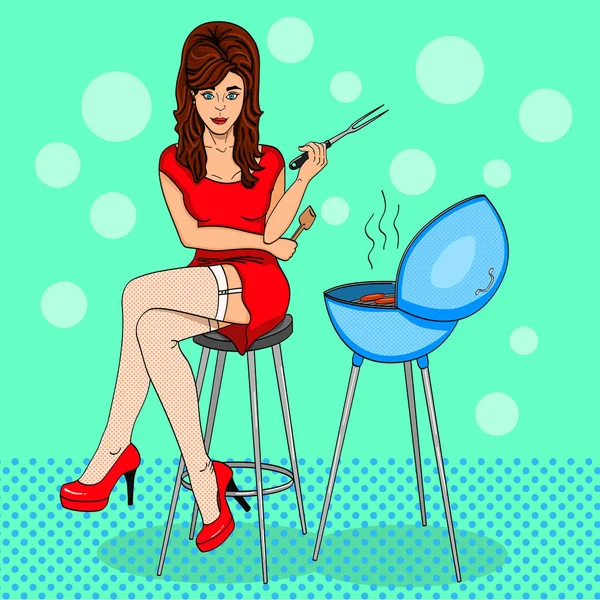 Pop Art. Beautiful girl cook. Comic style. A woman sits near the barbecue. Raster
