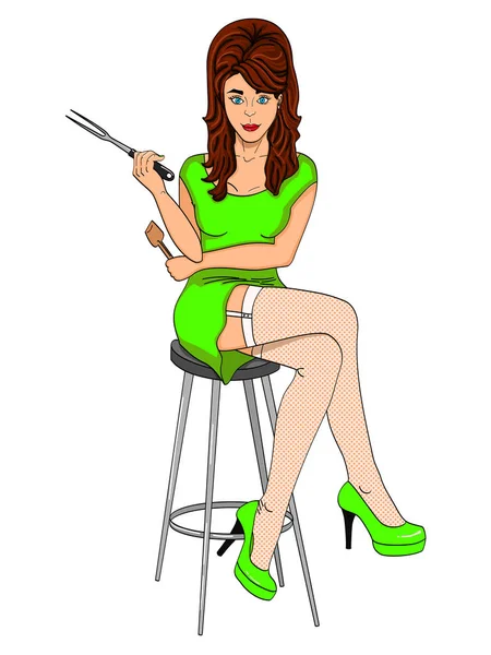 Sexy meisje cook. Poseren op een stoel. Benen gekruist. Stijl strips. Bezwaar op witte achtergrond. Raster — Stockfoto