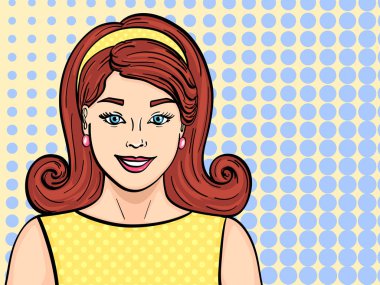 Pop art raster. Manken güzel esmer kız. Retro saç modeli, stil