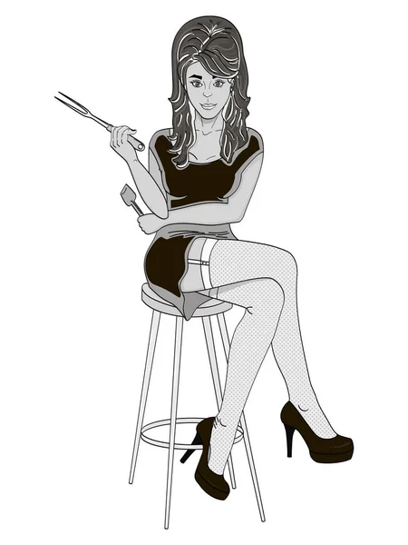 Sexy meisje cook. Poseren op een stoel. Benen gekruist. Stijl strips. Bezwaar op witte achtergrond. Tinten van grijs, raster illustratie — Stockfoto