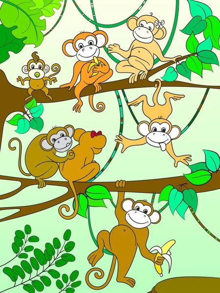 Familie der Affen auf einem Baum Farbbuch für Kinder Cartoon-Raster — Stockfoto