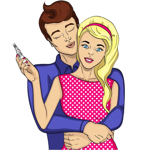 The girl is pregnant, the guy is happy. Future mother and father, parents. Object on a white background raster of pop art. — Stock Photo, Image