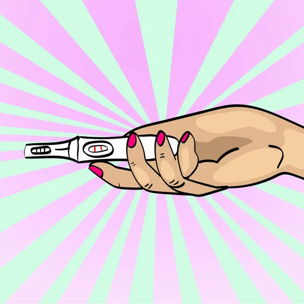 A positive pregnancy test in a womans hand. Show, hold, give, give. Raster of pop art. Comic style — Stock Photo, Image