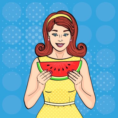 Pop sanat arka planda mavi. Karpuz yeme retro genç kız. Doğru beslenme. İmitasyon çizgi roman tarzı. Vektör çizim