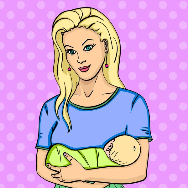Madre joven con bebés lactantes. Sujeta sus manos. Bebé pop arte raster — Foto de Stock