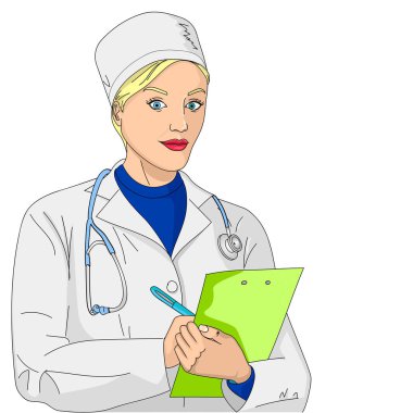 Kadın doktor. Bir kız bir sabahlık ve tıbbi giyim. Beyaz arka plan raster nesne
