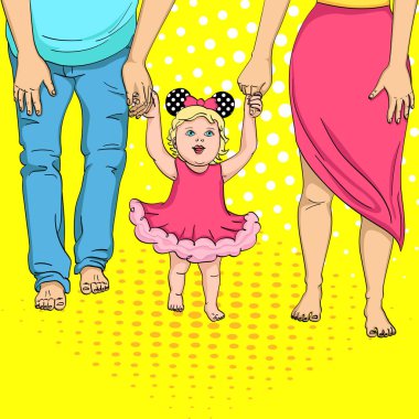 Çocuğun ilk adımları. Ebeveynler için destek. Annem ve babam kollarından tutan bir kız bir elbise. Raster pop sanat
