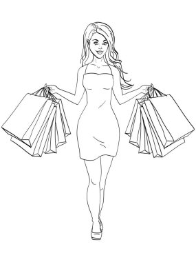 Kız alışveriş ile. Bir sürü kıyafet satın aldı. Hediyelik Çanta moda. Kitap raster resim boyama nesne