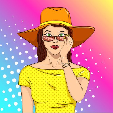 Kadın güneş gözlüğü pop sanat retro raster görünüyor. Çizgi roman tarzı taklit.