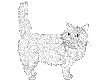 Anti stres boyama kitabı. Raster nesne bir kedi. Beyaz bir arka plan üzerinde siyah çizgiler.