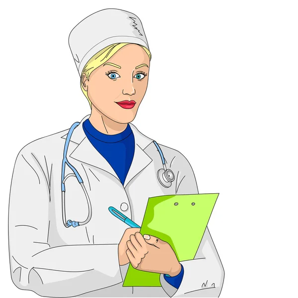 Vrouw de dokter. Een meisje in een badjas en medische kleding. object op witte achtergrond raster — Stockfoto