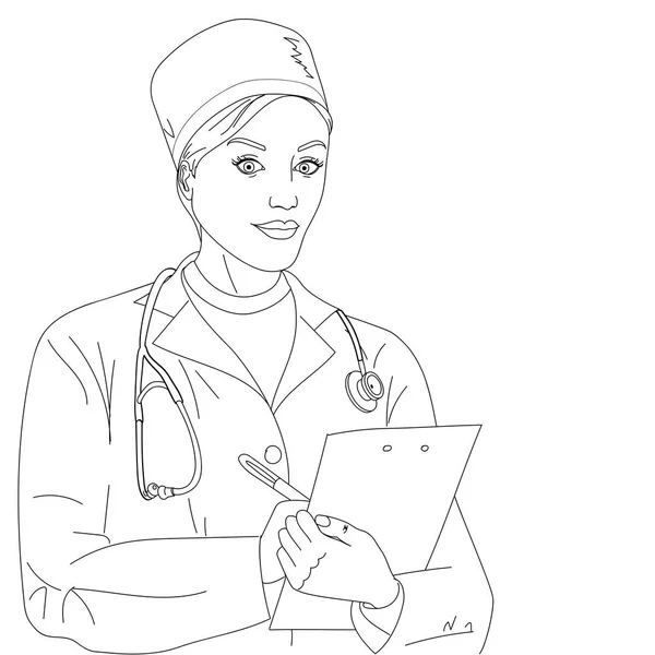 Женщина-врач. Девушка в халате и медицинской одежде. Растровая раскраска — стоковое фото