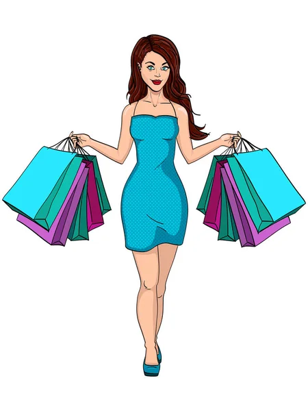 Girl with shopping. I bought a lot of clothes. Gift bags fashion. Object on white background raster illustration — Stock Photo, Image