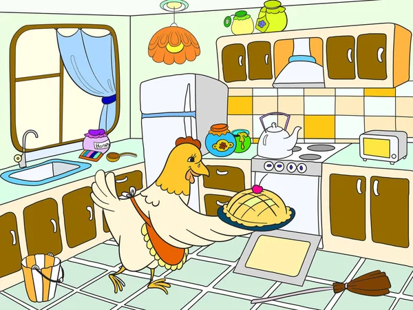 Mom chicken in the kitchen prepares food for the family color book for children cartoon raster