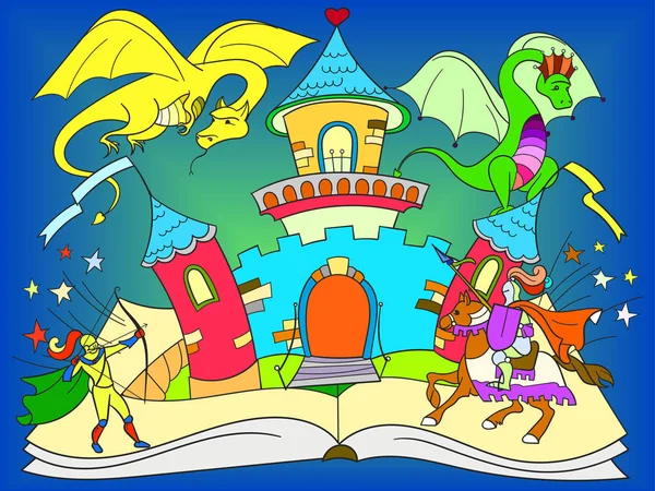 Illustrazione dei bambini di concetto di fiaba del libro aperto di colore con drago cattivo, guerriero coraggioso e castello magico . — Foto Stock