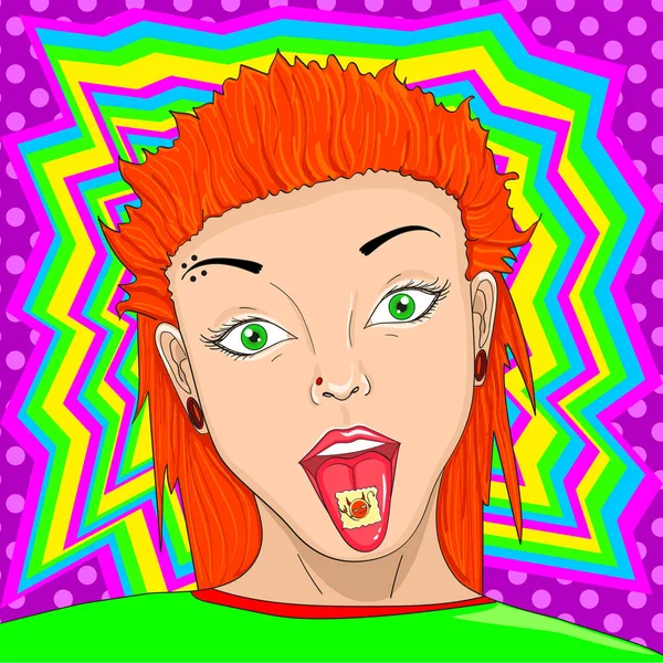 Timbro con droga LSD sulla lingua pop art retrò raster illustrazione. Narcotico acido. Imitazione stile fumetto . — Foto Stock