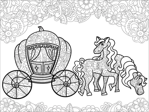 Transporte, calabaza y caballos. Transporte para el Rey. Niños Anti estrés para colorear Libro raster . — Foto de Stock