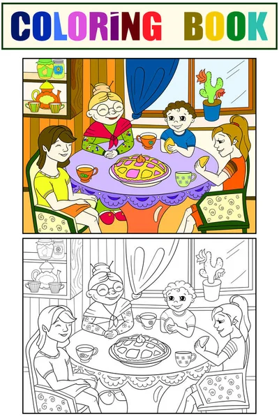 Renk büyükanne masada oturuyor. Torunları ziyarete geldi. Boyama, siyah ve beyaz — Stok fotoğraf