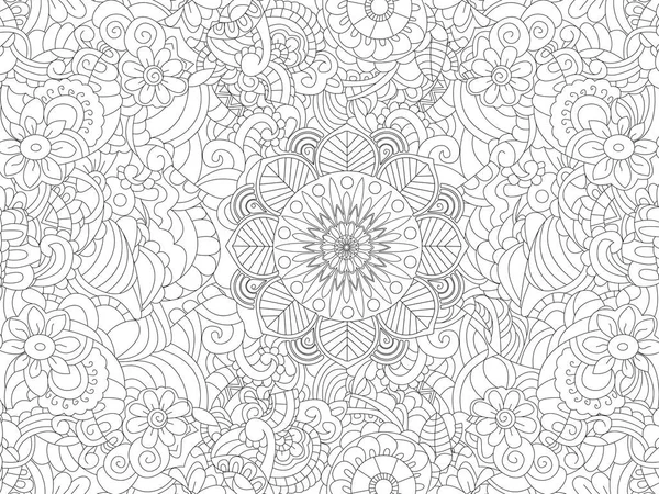 Libro de colorear antiestrés ornamento floral en toda la hoja. Líneas negras, fondo blanco. Raster. —  Fotos de Stock