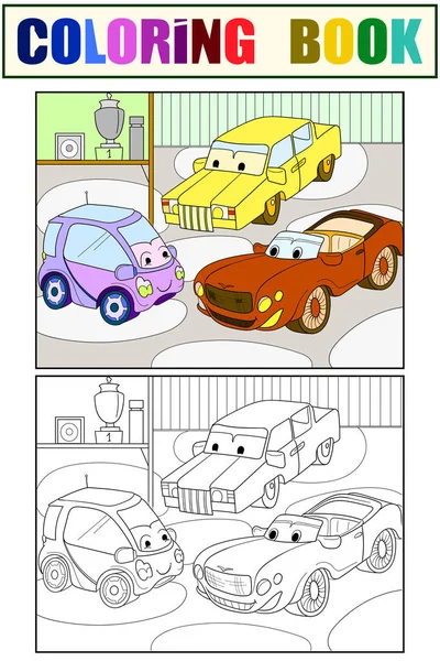 Kinder Cartoon Farbbuch für Jungen. Raster einer Garage mit lebenden Autos. Färbung, schwarz und weiß — Stockfoto
