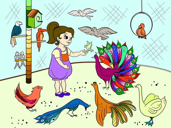 Dětský kreslený barevný kontaktní ptáci zoo. Pták Obrázková kniha. Studium pro dívky — Stock fotografie