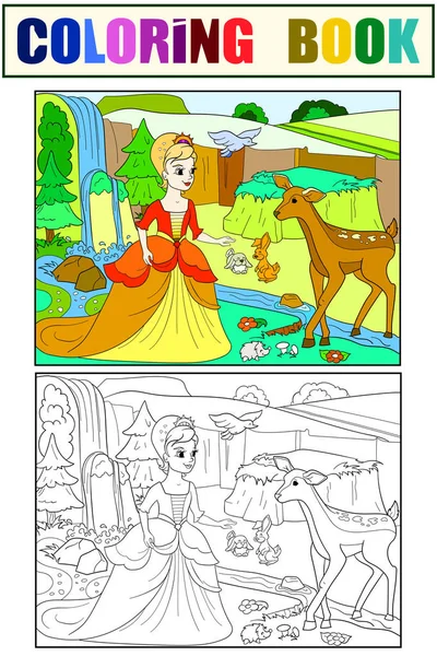 Blancanieves en el bosque con animales. Cuento, dibujos animados, libro de color líneas negras sobre un fondo en blanco. Colorear, blanco y negro — Foto de Stock