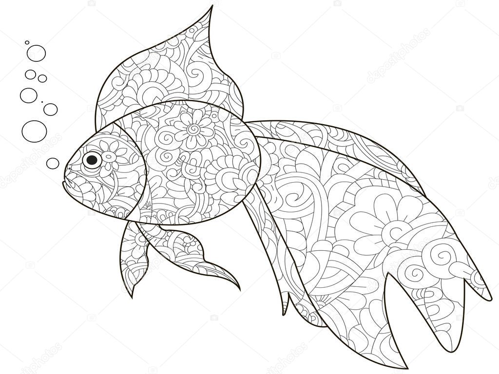 Antistress Coloring Book is a goldfish. Black lines, white background raster