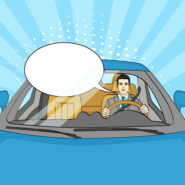 Empresario exitoso en Coche de Lujo. Un hombre conduciendo un Cabriolet. Arte Pop. burbuja de texto vectorial — Vector de stock