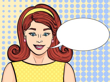 Pop art raster. Manken güzel esmer kız. Retro saç modeli, metin kabarcık styling