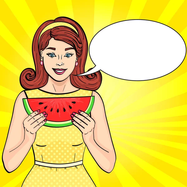Popart achtergrond tekst zeepbel. Retro meisje watermeloen te eten. Goede voeding. imitatie strips stijl. Vector — Stockvector