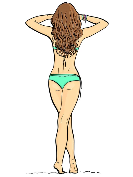 Objeto aislado sobre fondo blanco, color de verano. Playa y arena. La chica de vuelta, en traje de baño de vacaciones . — Vector de stock