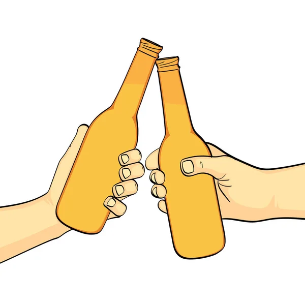 Objeto aislado sobre fondo blanco, color de verano. Dos amigos golpean una botella de cerveza. Dos cervezas. Imitación de estilo cómico. Vector — Vector de stock