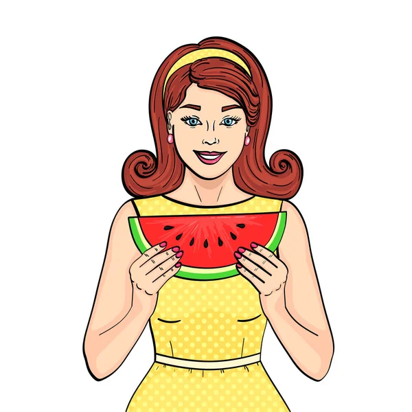 Geïsoleerde object op een witte achtergrond. Retro meisje watermeloen te eten. Goede voeding. imitatie strips stijl. Vector — Stockvector