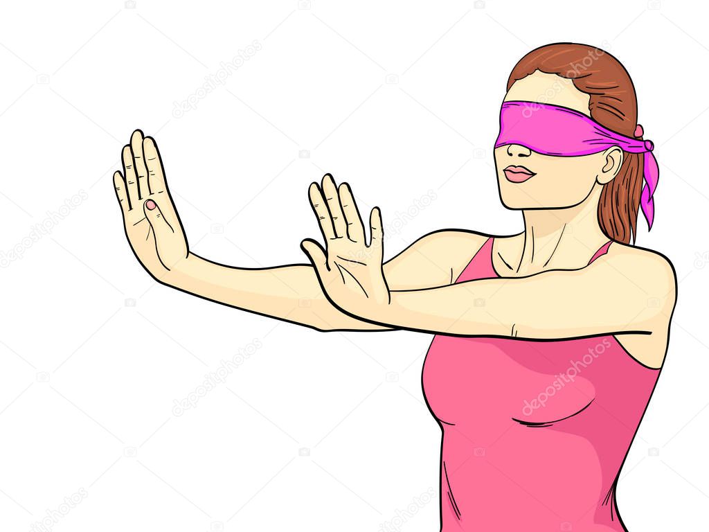 isolated object on white background. A retro young girl plays hide and seek, her eyes are tied, arms outstretched. The imitation of comic style. Vector