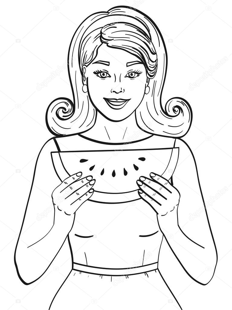 isolated object coloring, black lines, white background. Retro young girl eating watermelon. Proper nutrition. imitation comics style. Vector