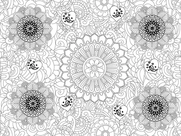 Raster Monochrome Floral Pattern. Hand Drawn Floral Texture, Decorative Flowers, Coloring Book