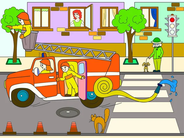Il pompiere sta girando per la citta '. Vivaio, cartone animato, colorare linee nere su uno sfondo bianco. Illustrazione più veloce — Foto Stock